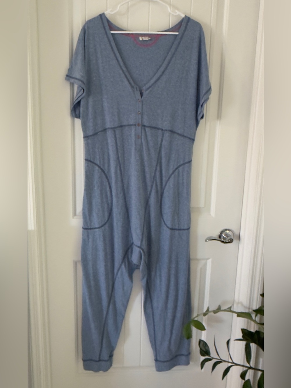 Free People Heather Blue Jumpsuit with Pink Contrast Trim